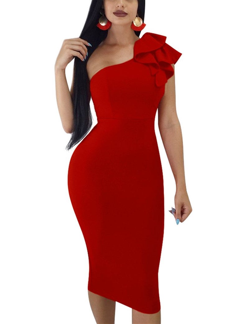 Mokoru Women's Sexy Ruffle One Shoulder Bodycon Elegant Cocktail Party Midi Dresses, Large, Red - Image 1